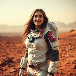 A beautiful young woman with an attractive figure, wearing a stylish space suit, standing confidently on the red landscape of Mars