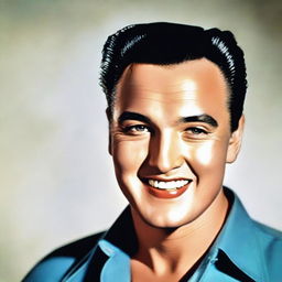 A portrait of Elvis Presley depicted with a fully shaved head, smiling broadly.