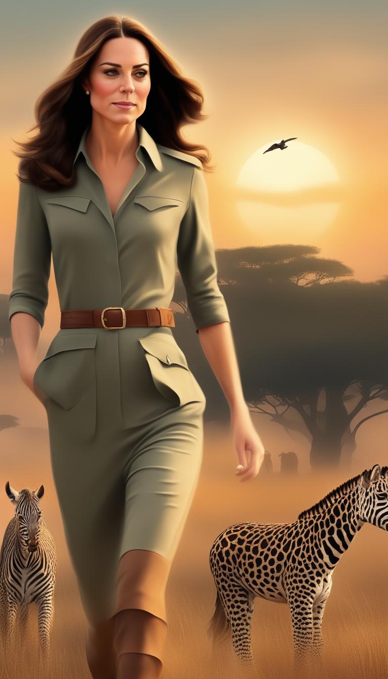 A Disney-style digital art piece depicting Kate Middleton, the Duchess of Cambridge, in a chic safari outfit, strolling through a Kenyan safari at sunset, with diverse wildlife grazing in the distance