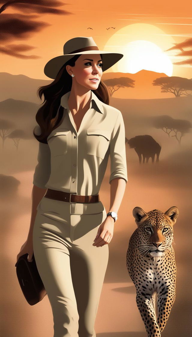 A Disney-style digital art piece depicting Kate Middleton, the Duchess of Cambridge, in a chic safari outfit, strolling through a Kenyan safari at sunset, with diverse wildlife grazing in the distance