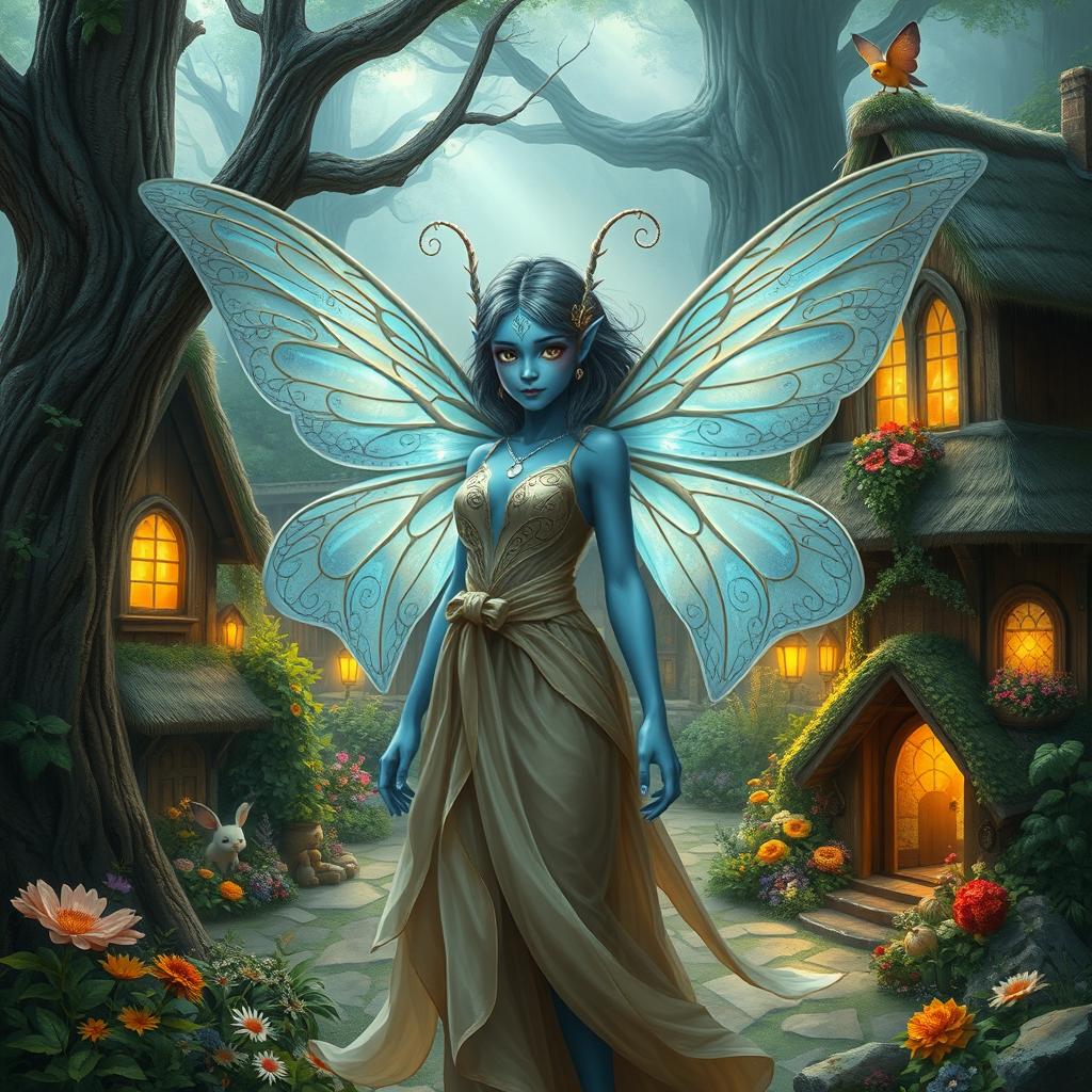 A beautifully detailed digital art image of a blue-skinned female moth person with delicate, iridescent wings, adorned with intricate patterns