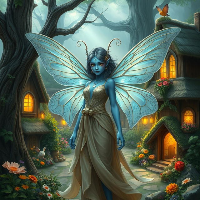 A beautifully detailed digital art image of a blue-skinned female moth person with delicate, iridescent wings, adorned with intricate patterns