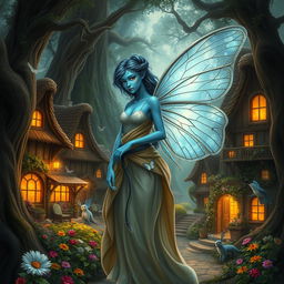 A beautifully detailed digital art image of a blue-skinned female moth person with delicate, iridescent wings, adorned with intricate patterns
