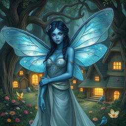 A beautifully detailed digital art image of a blue-skinned female moth person with delicate, iridescent wings, adorned with intricate patterns