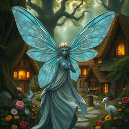 A beautifully detailed digital art image of a blue-skinned female moth person with delicate, iridescent wings, adorned with intricate patterns