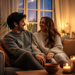 A romantic scene featuring an adult couple in a cozy, softly lit living room