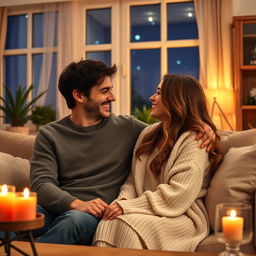 A romantic scene featuring an adult couple in a cozy, softly lit living room