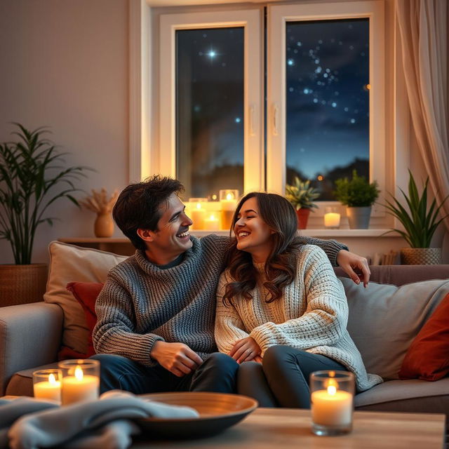 A romantic scene featuring an adult couple in a cozy, softly lit living room