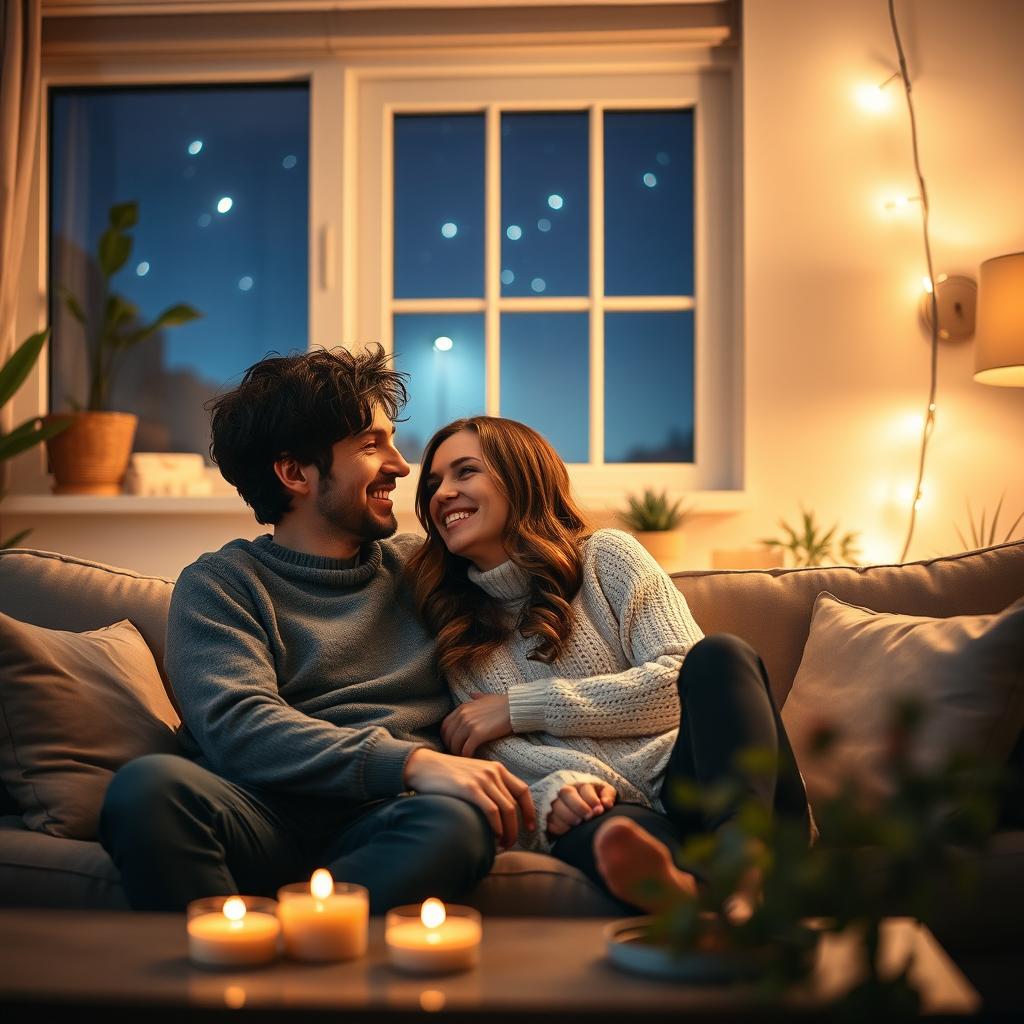 A romantic scene featuring an adult couple in a cozy, softly lit living room