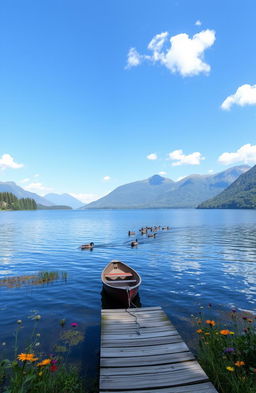 A serene landscape of a tranquil lake surrounded by lush greenery, with soft sunlight glimmering on the water's surface