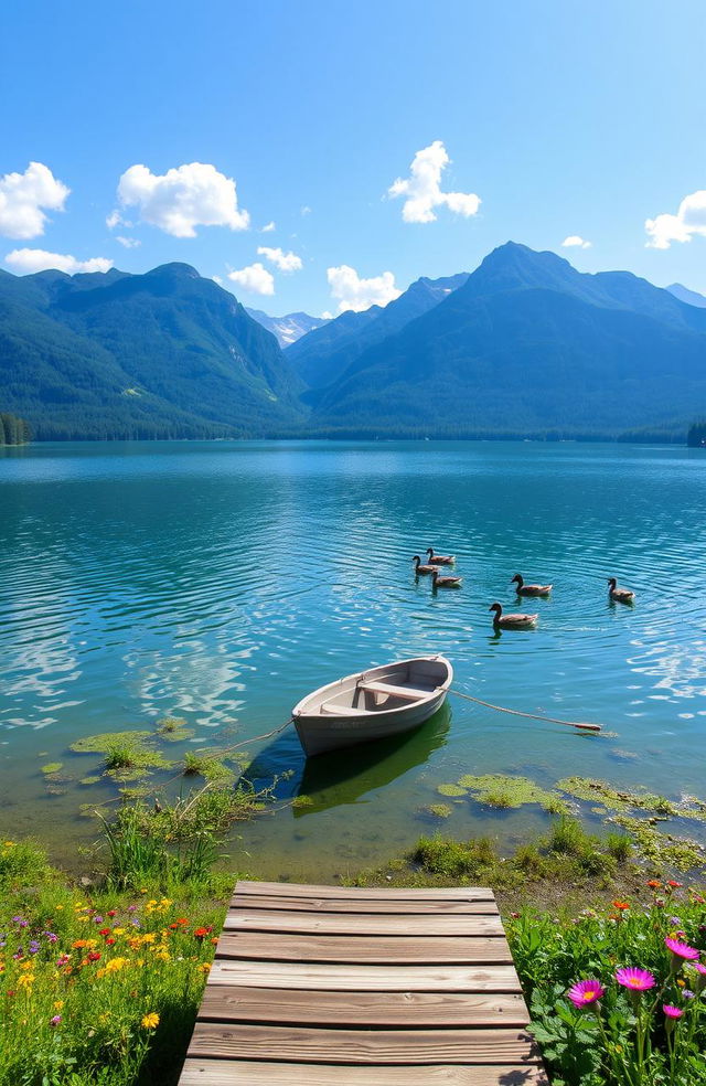 A serene landscape of a tranquil lake surrounded by lush greenery, with soft sunlight glimmering on the water's surface