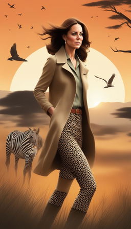 A Disney-style digital art piece depicting Kate Middleton, the Duchess of Cambridge, in a chic safari outfit, strolling through a Kenyan safari at sunset, with diverse wildlife grazing in the distance