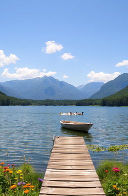 A serene landscape of a tranquil lake surrounded by lush greenery, with soft sunlight glimmering on the water's surface