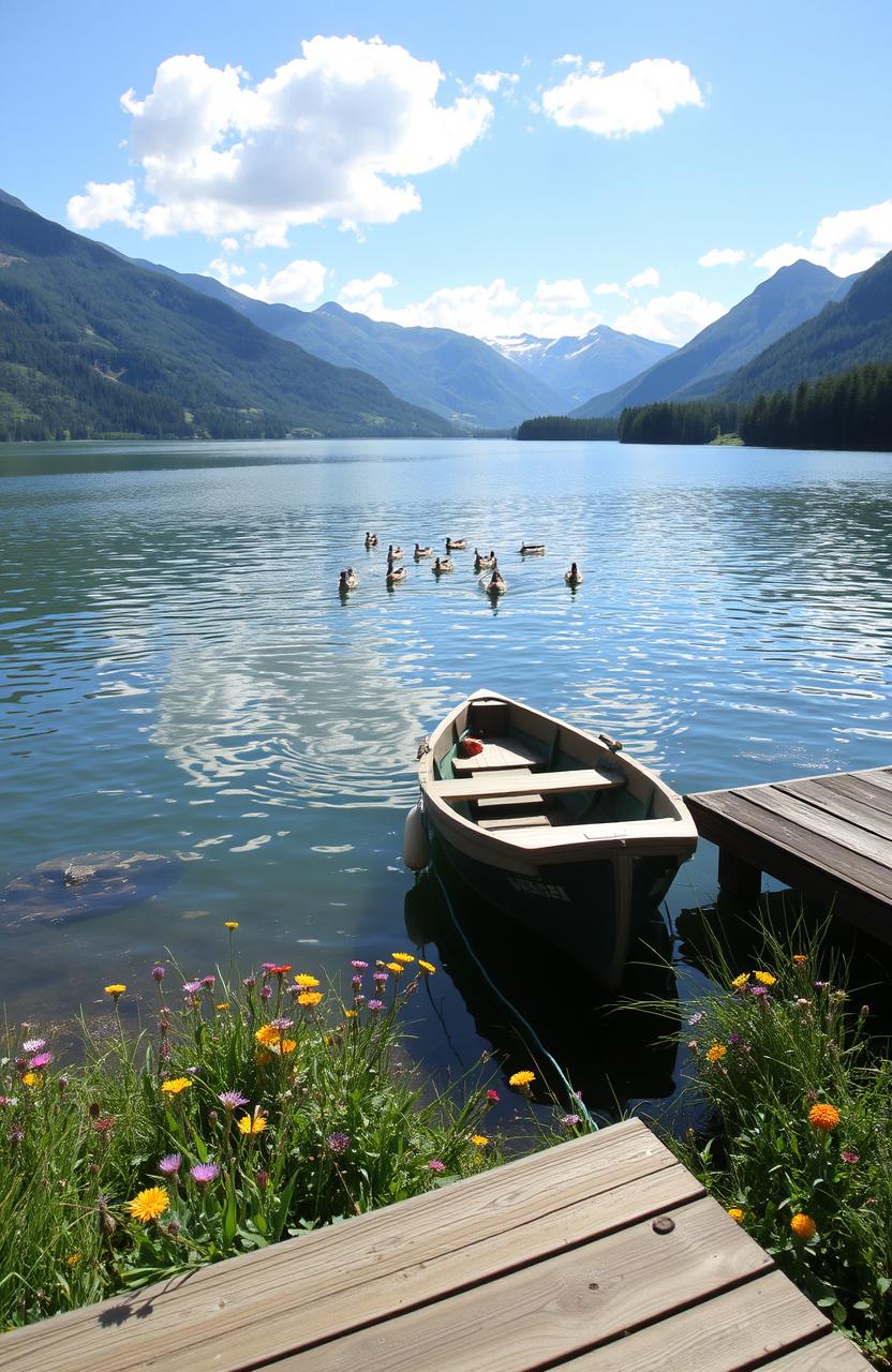 A serene landscape of a tranquil lake surrounded by lush greenery, with soft sunlight glimmering on the water's surface