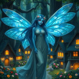 A beautifully detailed digital art image of a blue-skinned female moth person with mesmerizing iridescent wings that shimmer in the light