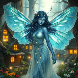 A beautifully detailed digital art image of a blue-skinned female moth person with mesmerizing iridescent wings that shimmer in the light