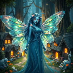 A beautifully detailed digital art image of a blue-skinned female moth person with mesmerizing iridescent wings that shimmer in the light