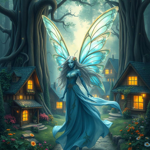 A beautifully detailed digital art image of a blue-skinned female moth person with mesmerizing iridescent wings that shimmer in the light