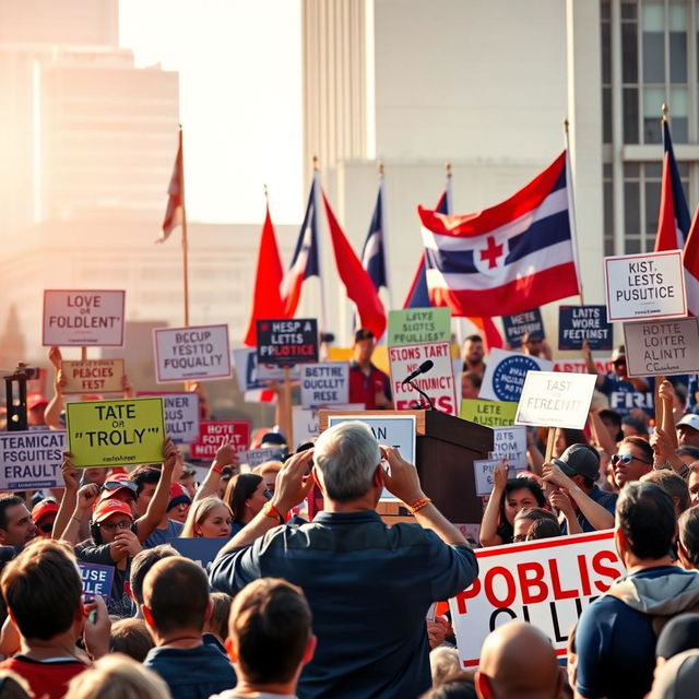 A vibrant political rally representing populism, showcasing a diverse crowd of passionate supporters holding banners that feature slogans for social justice, economic equality, and anti-establishment sentiments