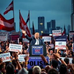 A vibrant political rally representing populism, showcasing a diverse crowd of passionate supporters holding banners that feature slogans for social justice, economic equality, and anti-establishment sentiments