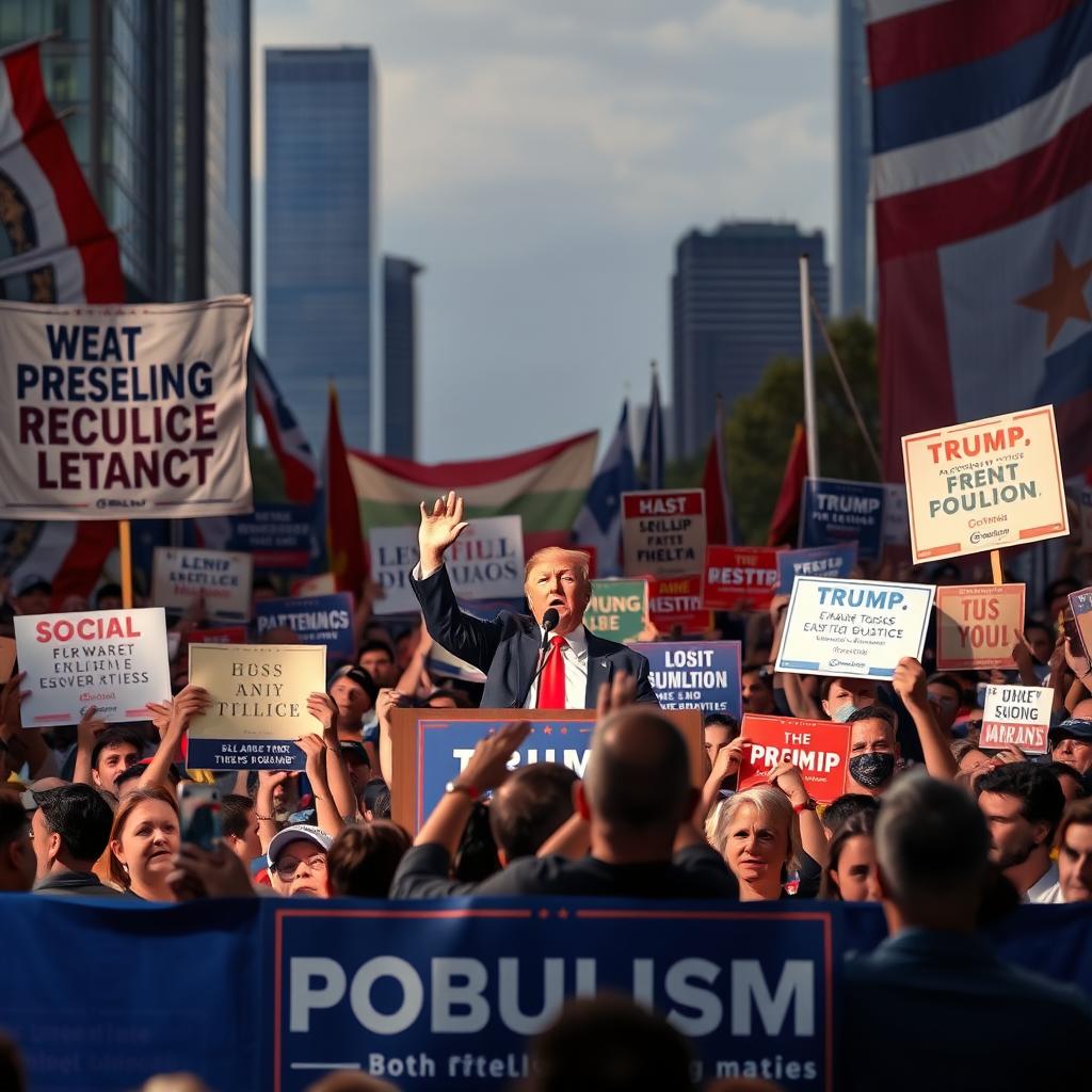 A vibrant political rally representing populism, showcasing a diverse crowd of passionate supporters holding banners that feature slogans for social justice, economic equality, and anti-establishment sentiments