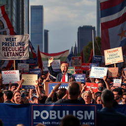 A vibrant political rally representing populism, showcasing a diverse crowd of passionate supporters holding banners that feature slogans for social justice, economic equality, and anti-establishment sentiments