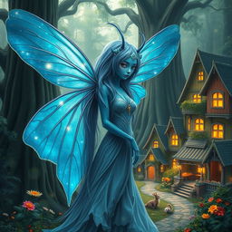 A beautifully detailed digital art image of a blue-skinned female alien moth person with captivating, iridescent wings that glimmer in the soft light