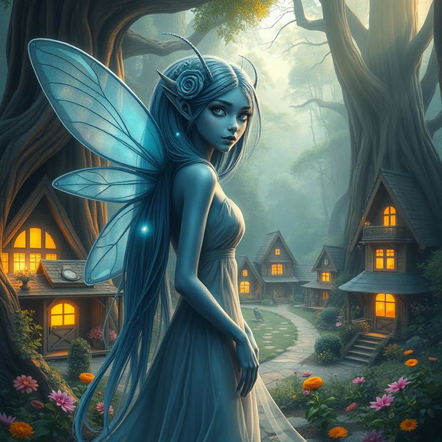 A beautifully detailed digital art image of a blue-skinned female alien moth person with captivating, iridescent wings that glimmer in the soft light