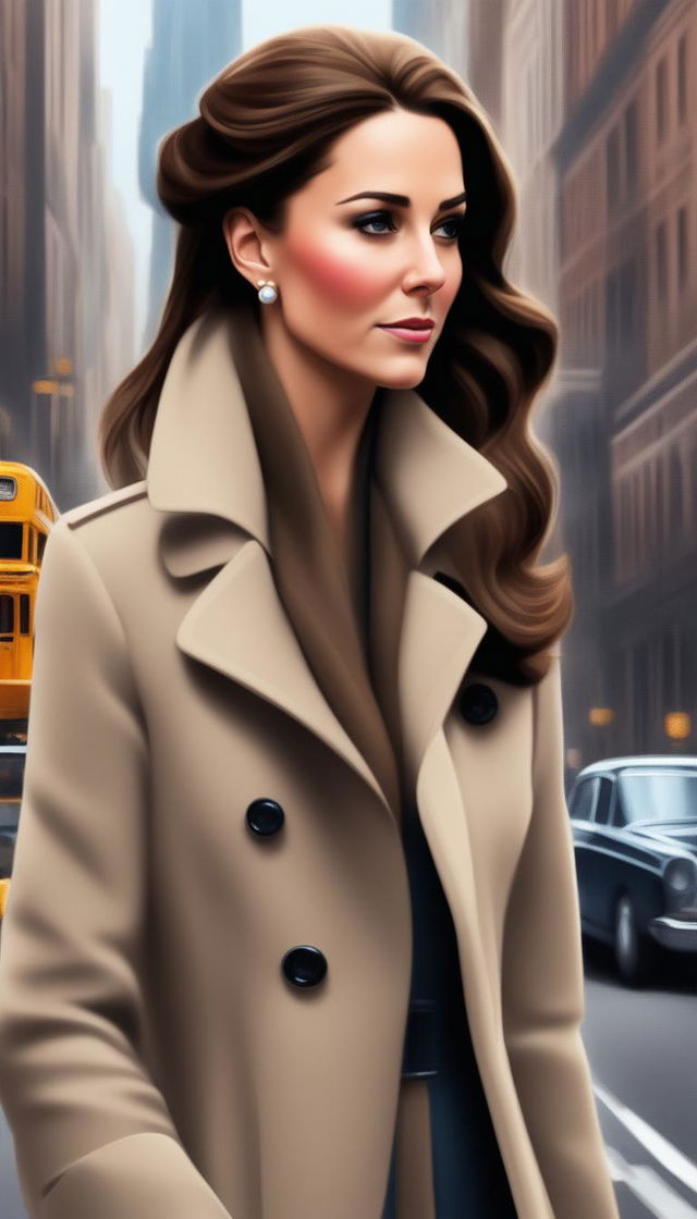 A Disney-style digital art piece depicting Kate Middleton, the Duchess of Cambridge, in a stylish detective coat, navigating the vibrant and bustling streets of New York City