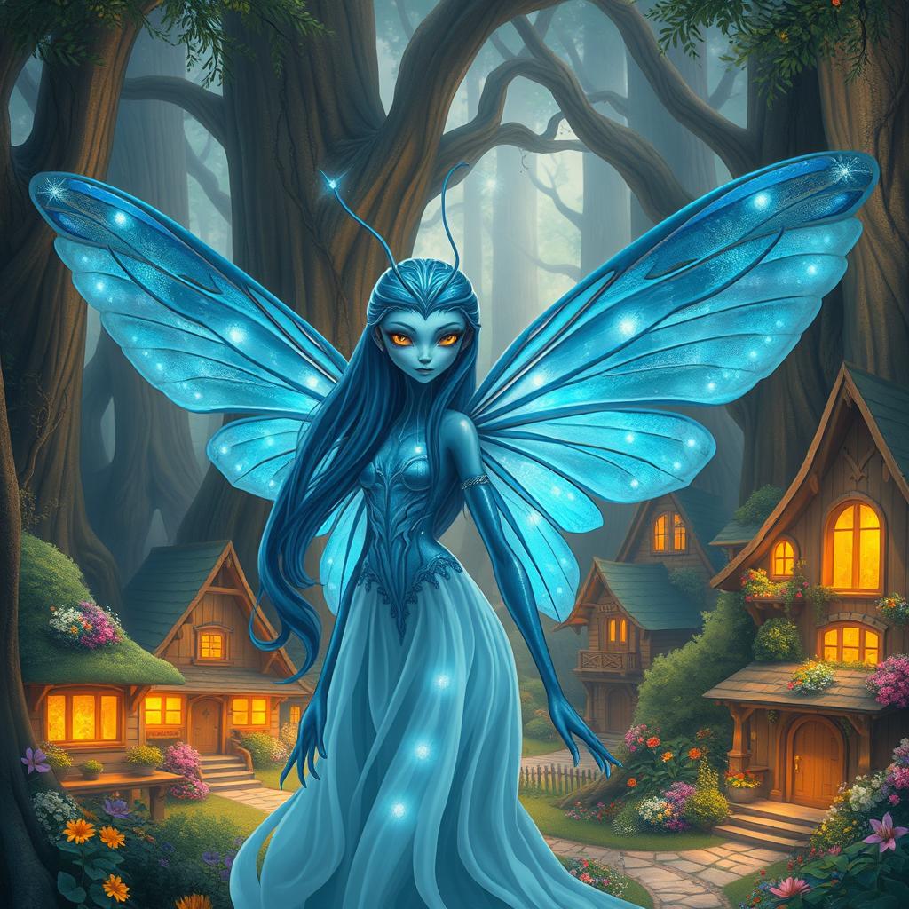 A beautifully detailed digital art image of a blue-skinned female alien moth person with captivating, iridescent wings that glimmer in the soft light