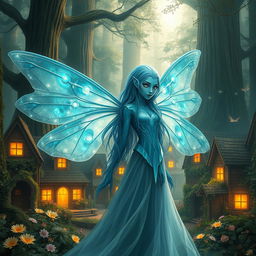 A beautifully detailed digital art image of a blue-skinned female alien moth person with captivating, iridescent wings that glimmer in the soft light