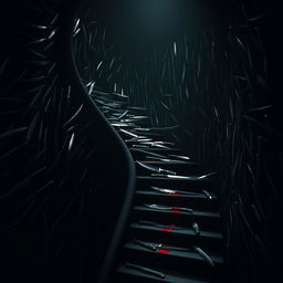 In a shadowy, ominous room filled with an overwhelming number of stairs that twist and turn in every direction