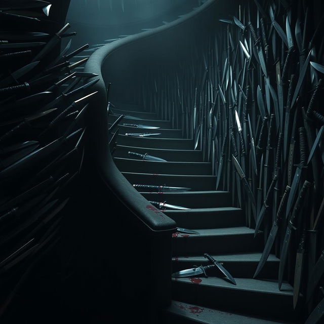 In a shadowy, ominous room filled with an overwhelming number of stairs that twist and turn in every direction