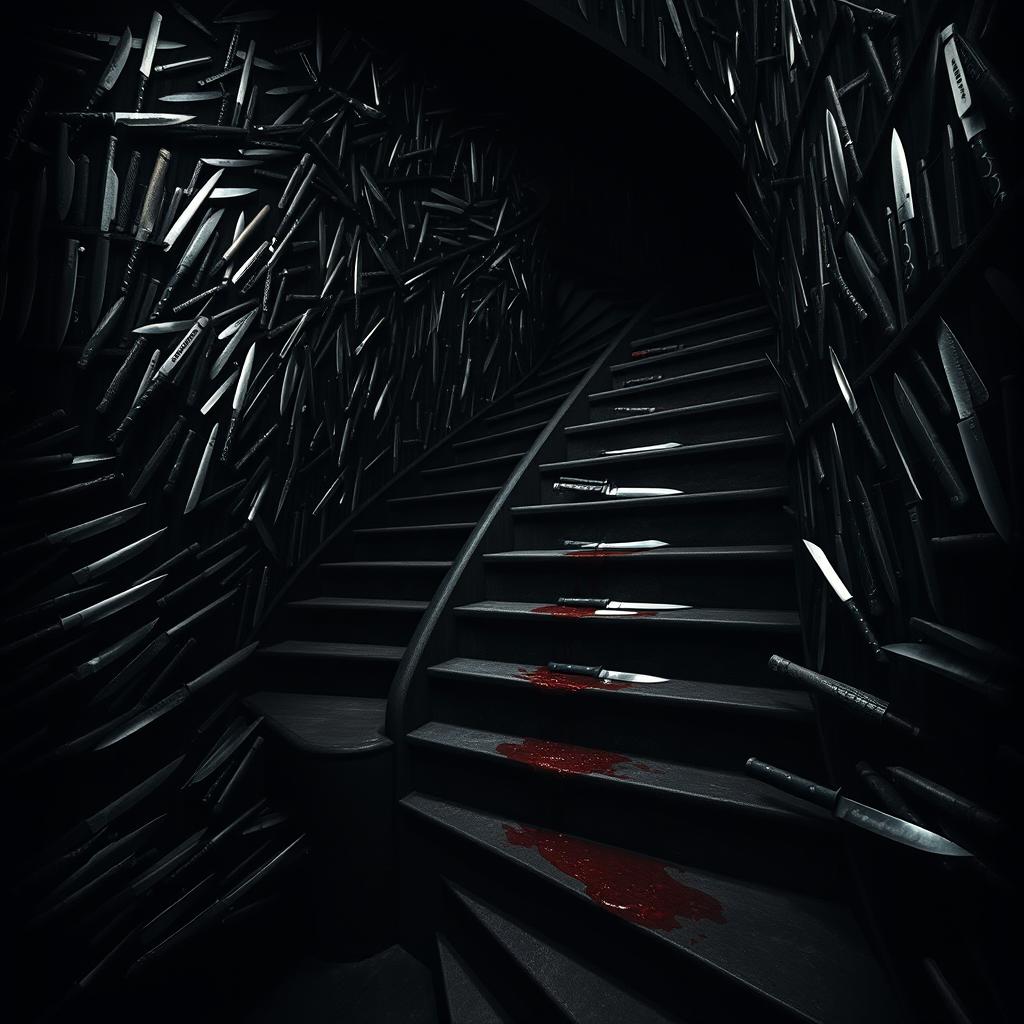 In a shadowy, ominous room filled with an overwhelming number of stairs that twist and turn in every direction