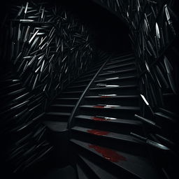 In a shadowy, ominous room filled with an overwhelming number of stairs that twist and turn in every direction