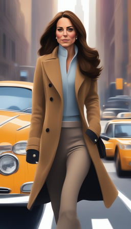 A Disney-style digital art piece depicting Kate Middleton, the Duchess of Cambridge, in a stylish detective coat, navigating the vibrant and bustling streets of New York City