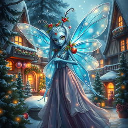 A beautifully detailed digital art image of a blue-skinned female alien moth person, radiating holiday magic with sparkling lights and festive decorations adorning her iridescent wings