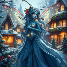 A beautifully detailed digital art image of a blue-skinned female alien moth person, radiating holiday magic with sparkling lights and festive decorations adorning her iridescent wings