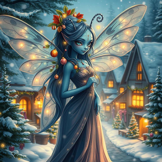 A beautifully detailed digital art image of a blue-skinned female alien moth person, radiating holiday magic with sparkling lights and festive decorations adorning her iridescent wings