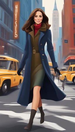 A Disney-style digital art piece depicting Kate Middleton, the Duchess of Cambridge, in a stylish detective coat, navigating the vibrant and bustling streets of New York City