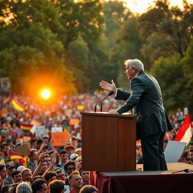 A charismatic political leader standing on a large podium, passionately addressing a vibrant crowd of diverse supporters