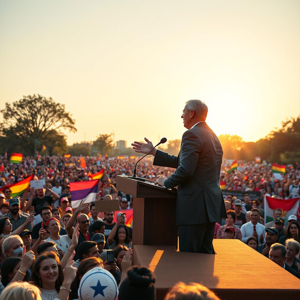 A charismatic political leader standing on a large podium, passionately addressing a vibrant crowd of diverse supporters