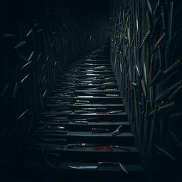 In a dimly lit, ominous room filled with a chaotic arrangement of stairs that seem to lead everywhere and nowhere