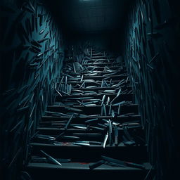 In a dimly lit, ominous room filled with a chaotic arrangement of stairs that seem to lead everywhere and nowhere
