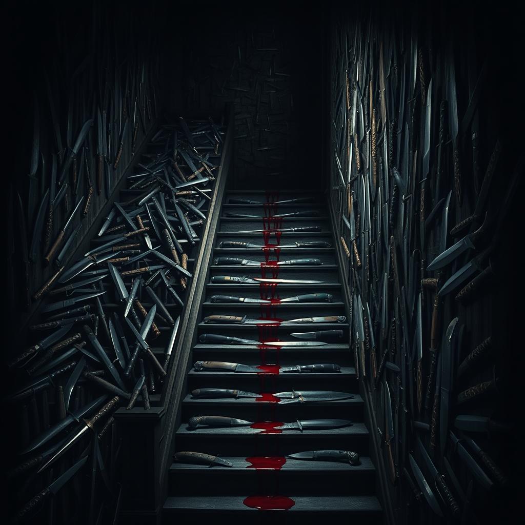 In a dimly lit, ominous room filled with a chaotic arrangement of stairs that seem to lead everywhere and nowhere