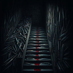 In a dimly lit, ominous room filled with a chaotic arrangement of stairs that seem to lead everywhere and nowhere