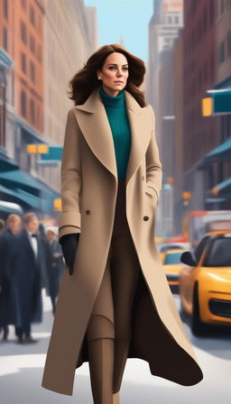 A Disney-style digital art piece depicting Kate Middleton, the Duchess of Cambridge, in a stylish detective coat, navigating the vibrant and bustling streets of New York City