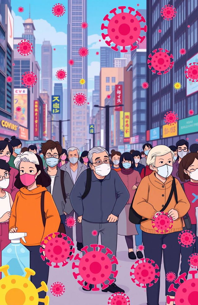 An animated scene depicting a visual representation of the COVID-19 pandemic