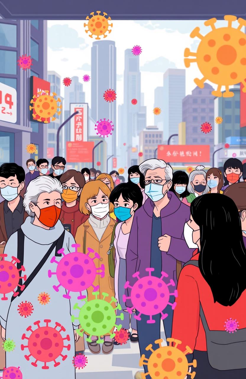 An animated scene depicting a visual representation of the COVID-19 pandemic