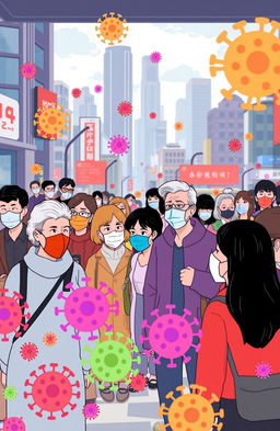 An animated scene depicting a visual representation of the COVID-19 pandemic
